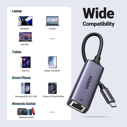 UGREEN USB C to Ethernet Adapter, Gigabit Wired Network Adapter, Aluminum RJ45 1000Mbps Thunderbolt LAN Adaptor Compatible with MacBook Pro 2020, iPhone 15 Pro Max, Steam Deck, Switch