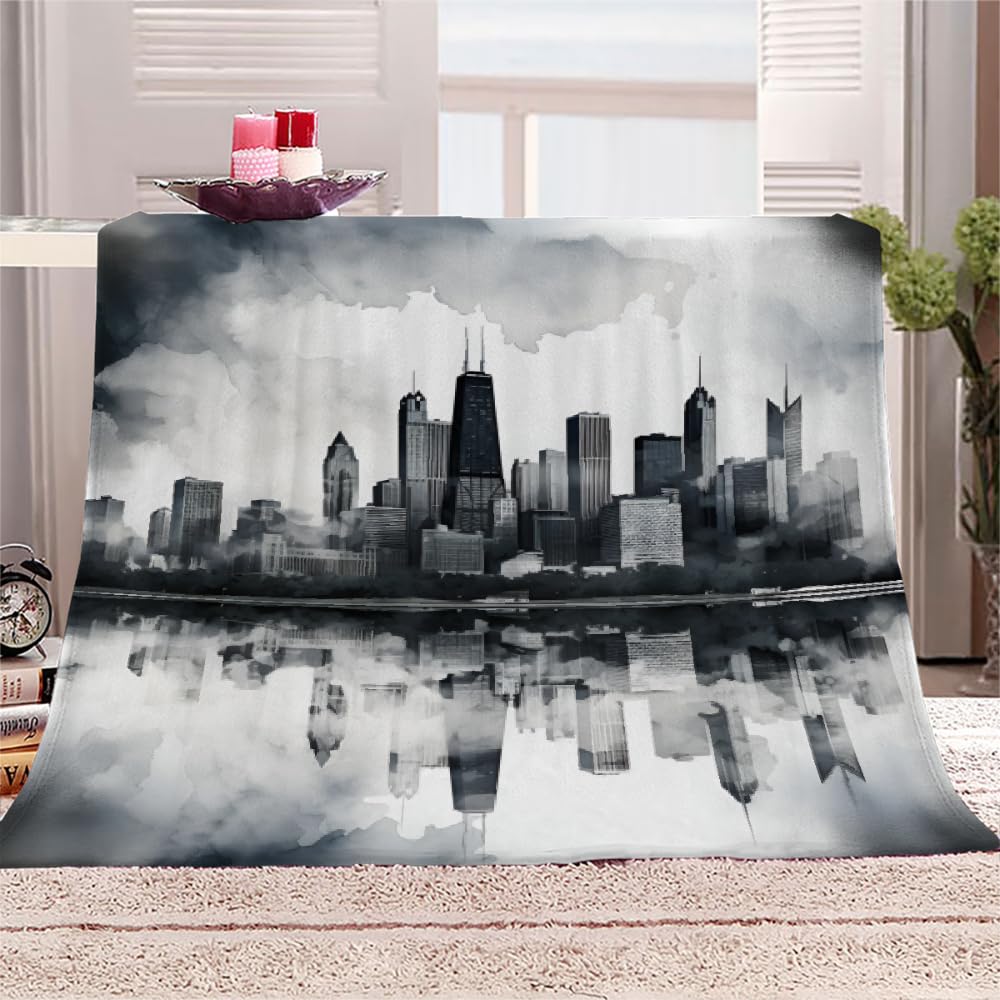 PAOABIU City Skyline Blanket Throw, Metropolis Panorama Throw Blanket for Couch, Modern Breathable Bed Throw, Grey Multicolor Lightweight Fleece Blanket Kids 30"x 40" Camping & Travel Blanket