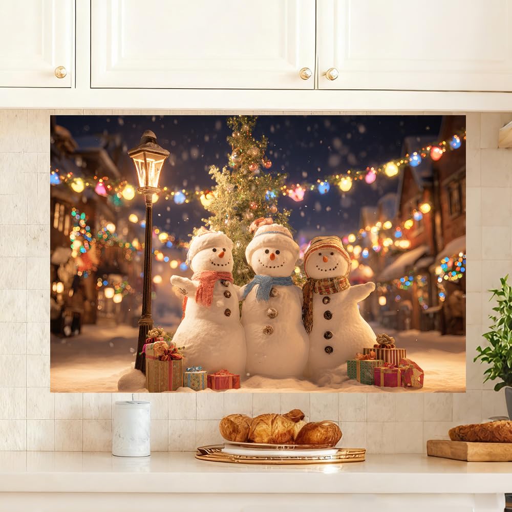 WDESYADMS 35.5x23.6 Inch Winter Snowman Wall Decals PVC Holiday Village Night Scene Peel and Stick Decorative Film for Home Cooking Area Backsplash Stovetop Space Seasonal Festive Style