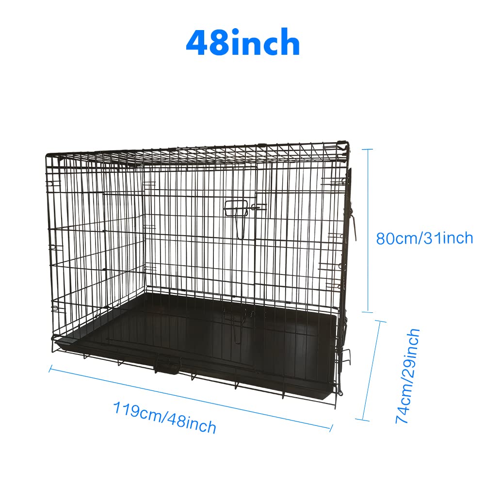 Wowsubli Dog Crate 48 inch Pet Cage for Large Dogs, Black Folding Metal Training Kennel Cat Puppy Animal Transport with Solid Tray 2 Door 4 Lock