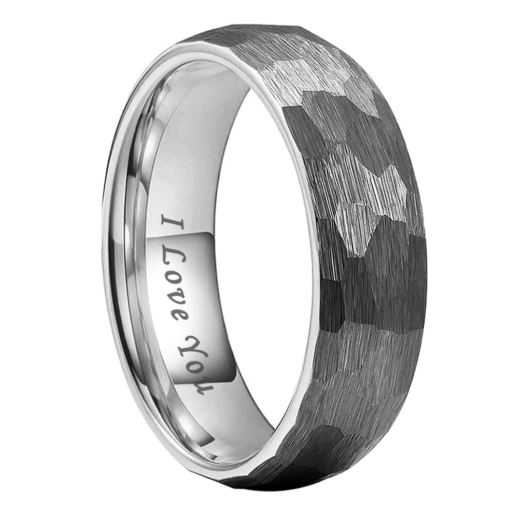 TUTISS 6mm Hammered Tungsten Carbide Rings for Men Women Engagement Wedding Bands Domed I Love You Engraved Comfort Fit Size 9