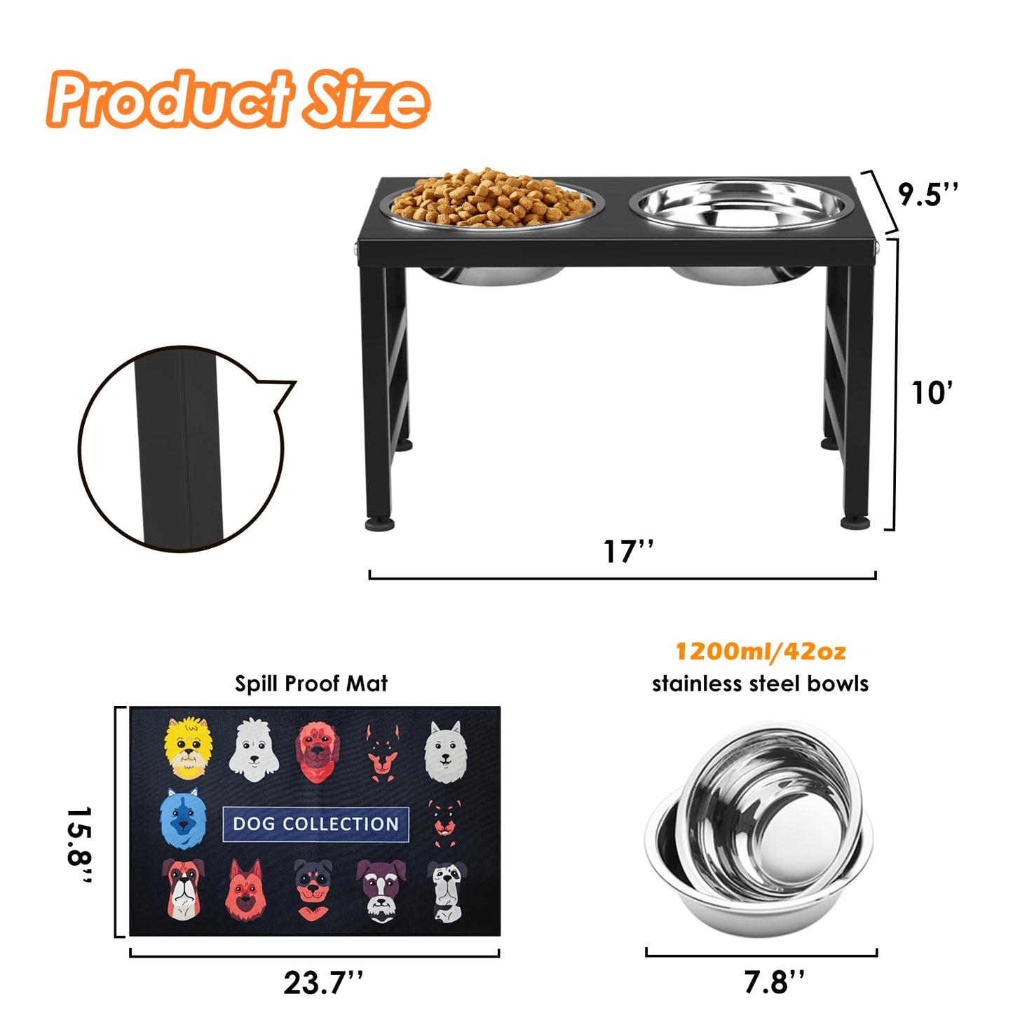 ADENGL Metal Raised Dog Bowl Stand for Dogs, Stronger Elevated Dog Bowls with Sprill Proof Mat, Dog Food & Water Bowls 25.4cm (1200ml-Stainless Steel Bowls, Mat-40 * 60cm)