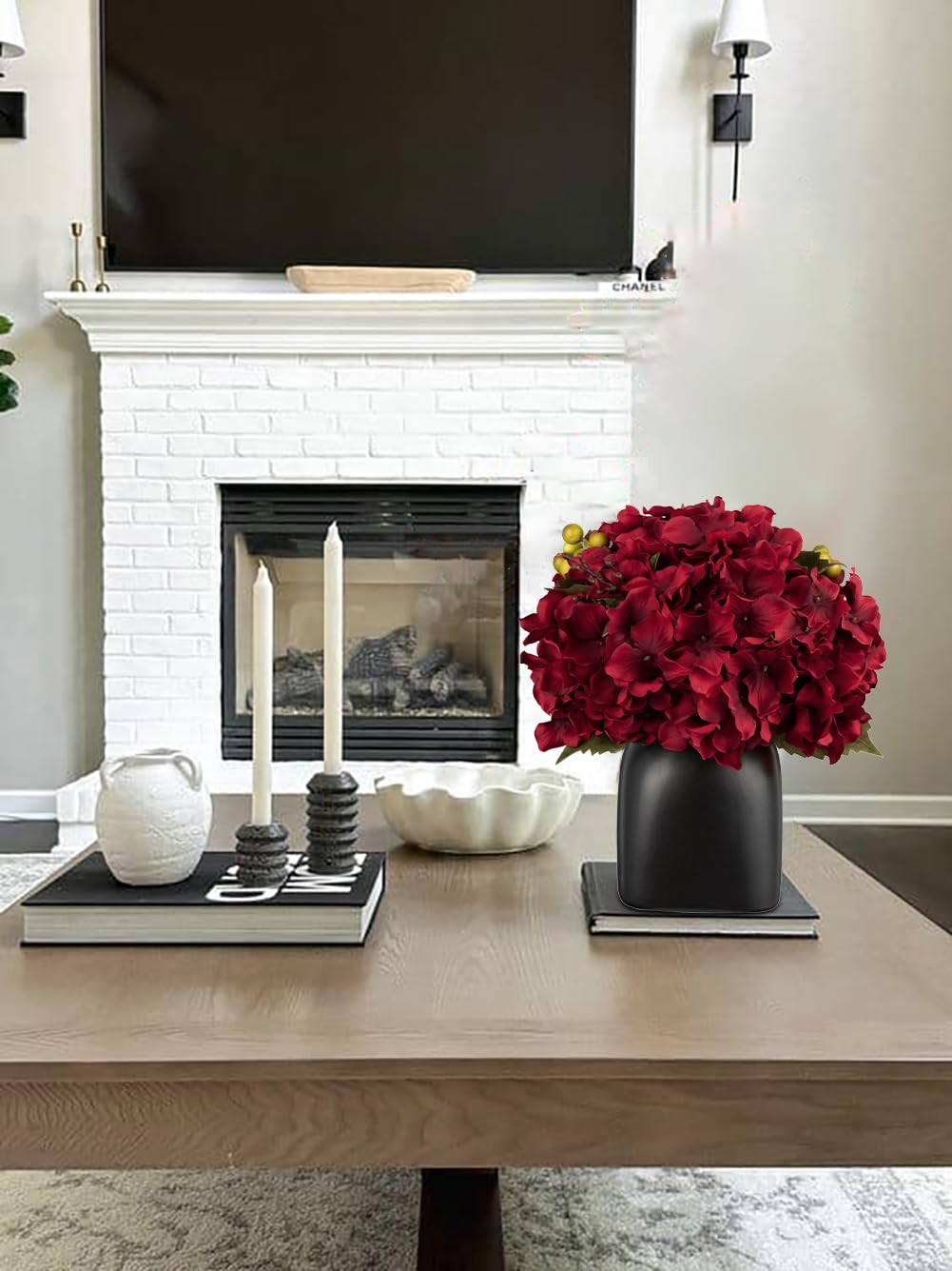 Briful Hydrangea Artificial Flowers in Ceramic Black Vase, Burgundy Silk Hydrangea Centerpieces for Tables, Realistic Dining Table Vase with Flowers for Farmhouse Home Decor Indoor