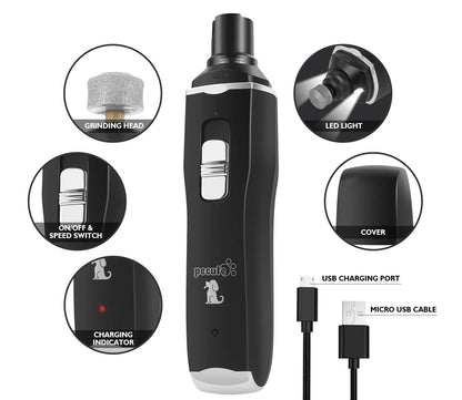 pecute Dog Nail Grinders with LED Light, 50 DB Low Noise Electric Pet Nail File Grinder, 2 Speeds Safe Smooth Grinding, 2 Hours Quick Charge, Strong Motor Great for Small to Large Pets(Black)