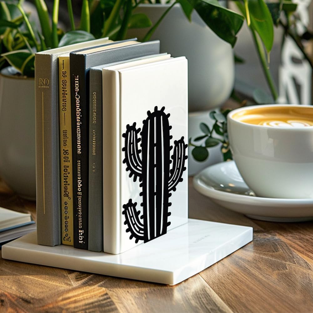Peacoblue Metal Bookends for Shelves, Modern Decorative Heavy Duty Study Book Support Stoppers for Office, Desk, Shelf, Room 5.3"x4.3"x7.9" Cast Iron Simple Tall Bookends, 1 Pair (Cactus)