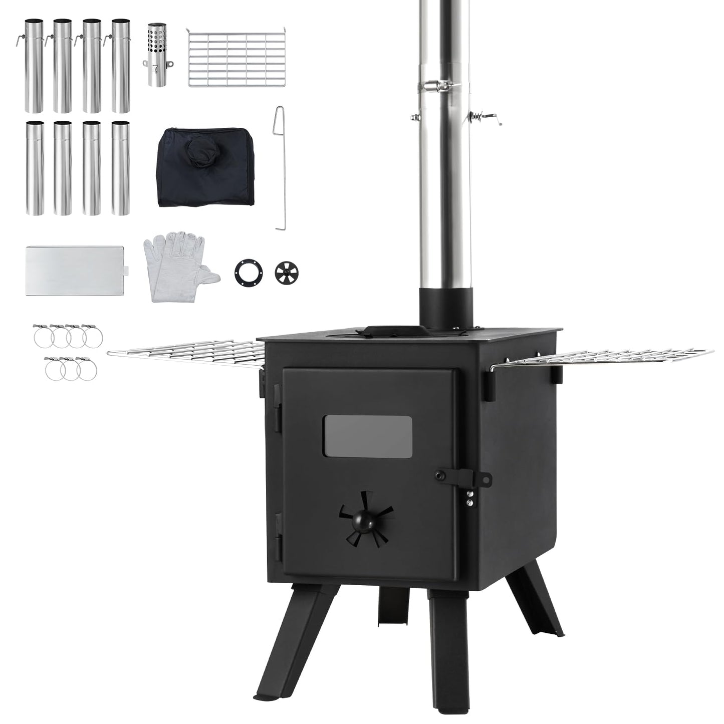 VEVOR Camping Wood Stove Alloy Steel Camping Tent Stove, Portable Wood Burning Stove with Chimney Pipes & Gloves, 1400in³Firebox Hot Tent Stove for Outdoor Cooking and Heating with 8 Pipes