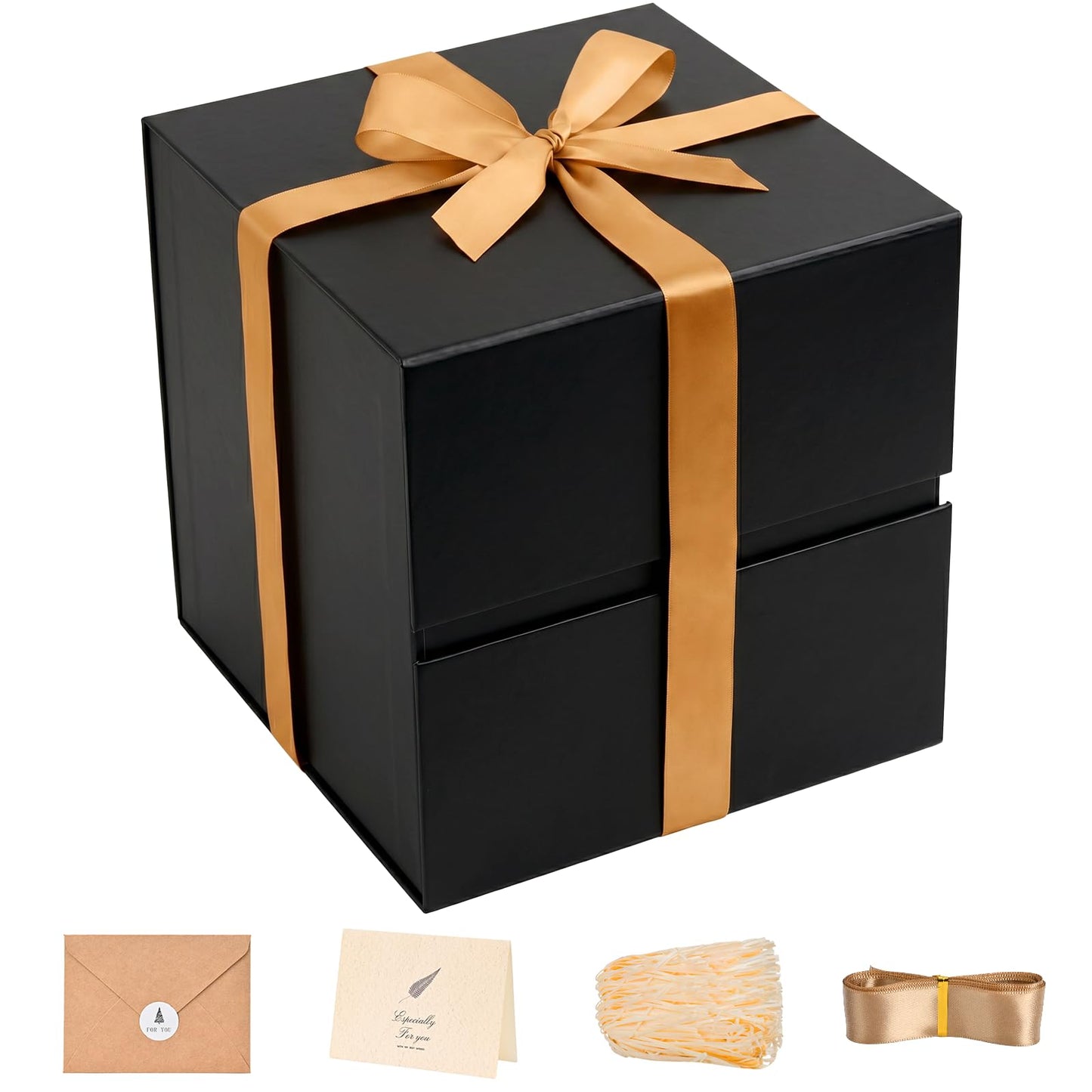 LIFELUM Square Gift Box with Magnetic Lid, Card, Sticker, Ribbon, Shredded Paper Filler for Business, Wedding, Birthdays (Black, square - 10.2 inch, 1 count (Pack of 1))