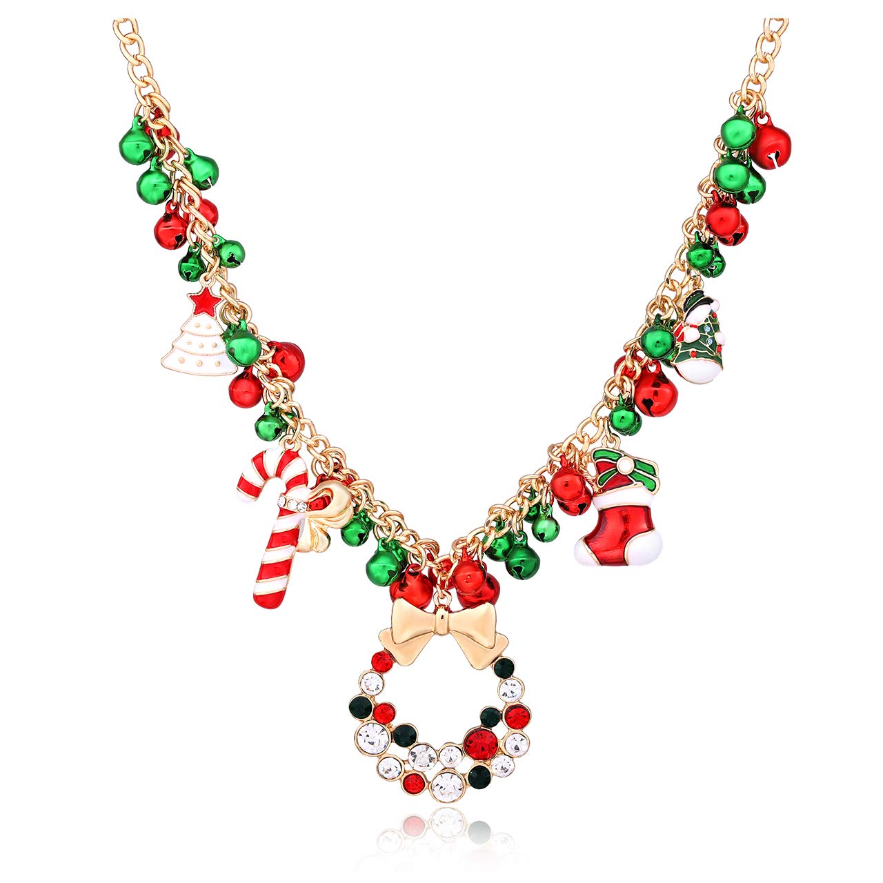 NLCAC Christmas Jingle Bell Necklace Women Statement Chunky Crystal Teardrop Pendant Necklace Xmas Gift Jewelry (Gold)
