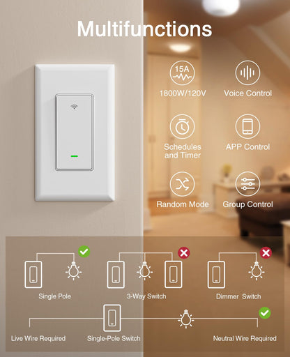 GHome Smart Switch, Smart Wi-Fi Light Switch Works with Alexa and Google Assistant 2.4Ghz, Single-Pole,Neutral Wire Required,UL Certified,Remote/Voice Control, No Hub Required (4 Pack)