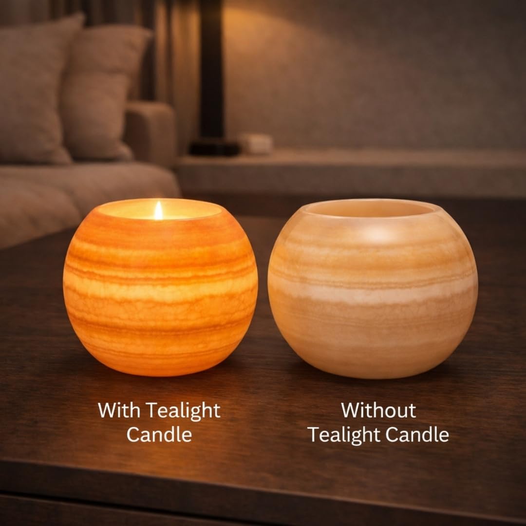 CraftsOfEgypt Single Alabaster Candle Holder - Egyptian Tealight and Votive Candles Holders with Amber Glow for Home Décor Natural Stone Soothing Tranquil Aurora