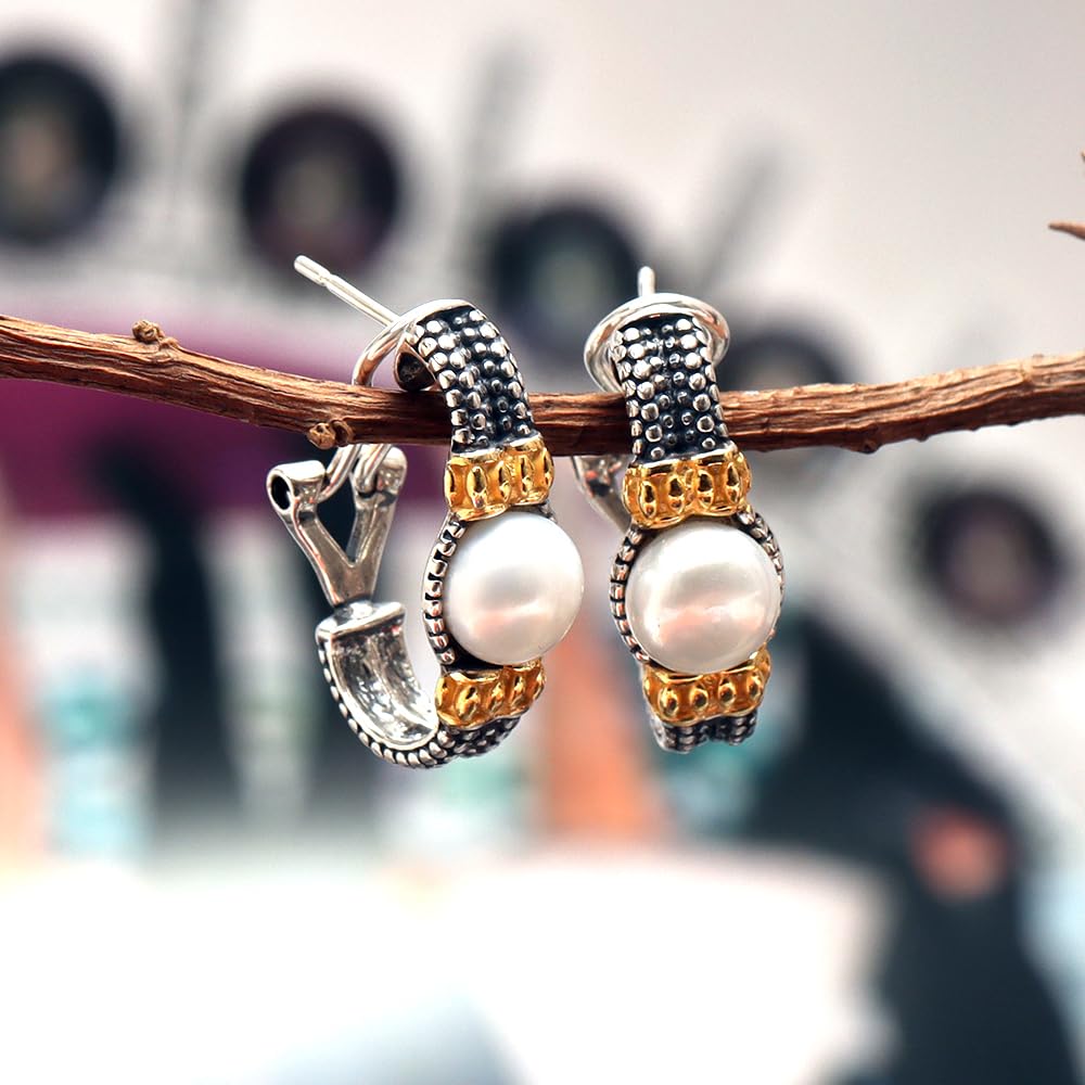 LeCalla 925 Sterling Silver Omega Back Earrings Two-Tone Caviar Beaded Freshwater Pearl Clip-On Omega Back Large Stud Earring for Women - 25MM