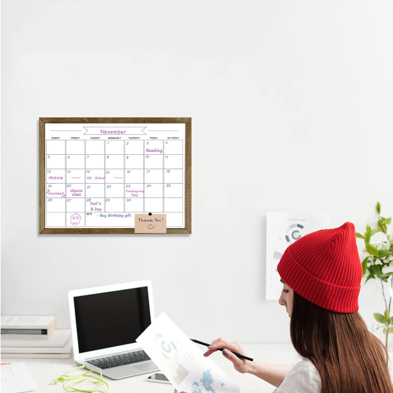TORASO Dry Erase Monthly Calendar Board, Magnetic Surface Whiteboard for Wall, Office/School/Home, Solid Wood Frame Hanging Board & Planning Board, 13"x 17" (YL-RB-3343-B)