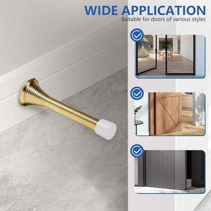 KISEER 24 Pack Spring Door Stops 3 1/4 Inch Flexible Heavy Duty Spring Door Stopper with RustProof Screw Rubber Bumper Tips (Gold)