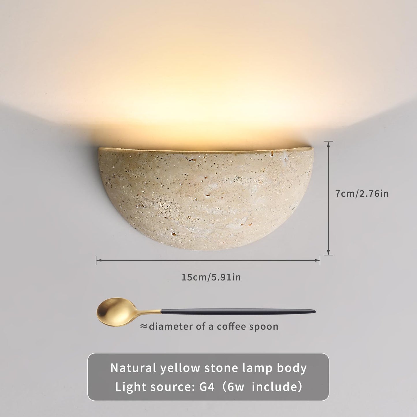 Wabi-Sabi Art Lighting Fixture Nordic Modern Marble Wall Sconce, Half Moon Semi Circle Yellow Travertine Wall Lamp,Japanese Style Natural Stone Bedside Wall Light for Bedroom, Foyer, Entryway,Stairs