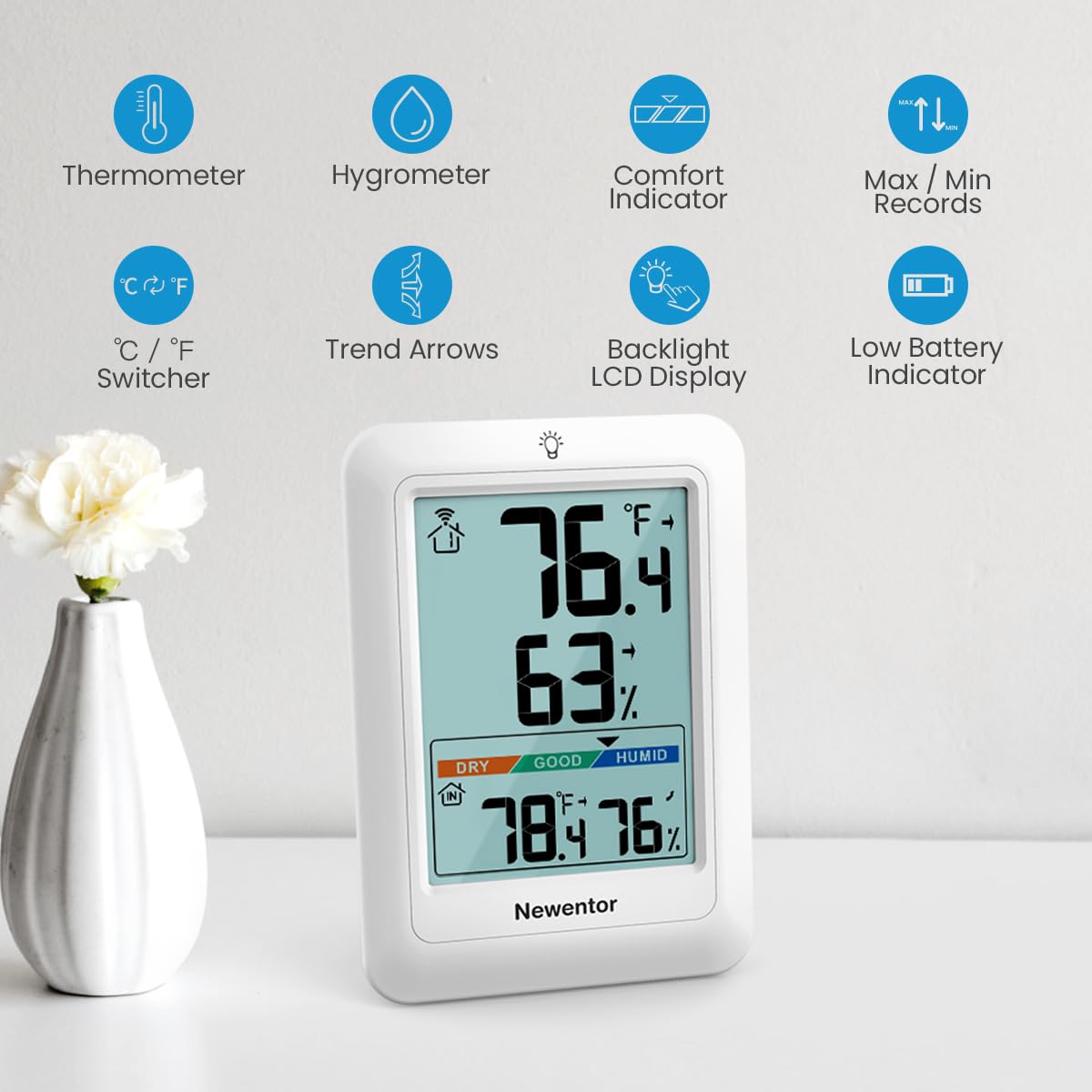 Newentor Indoor Outdoor Thermometer Wireless, Weather Stations Wireless Indoor Outdoor, Outdoor Thermometers for Patio House, Black with 1 Sensor
