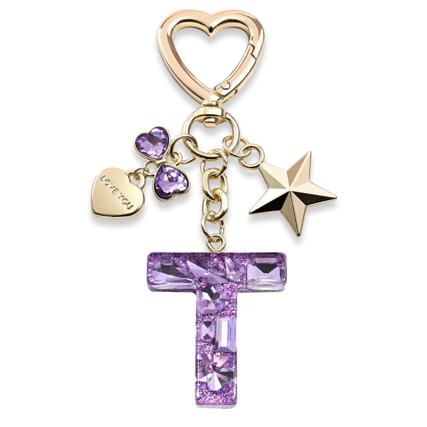 NIUYIBAO Crystal Letter Keychain with Heart Clasp, Gold Star and Heart Charms, Purple1.46 x 4.33 Inches (T)