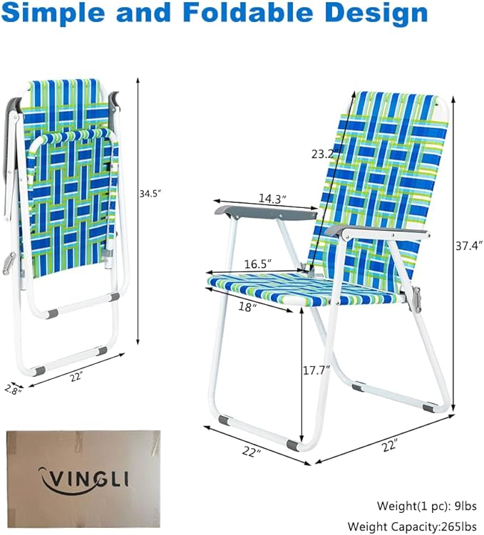 VINGLI Patio Lawn Webbed Folding Chairs Set of 4, Outdoor Beach Chair Portable Dining Chair for ir for Outdoor Yard, Garden(Blue, Classic)