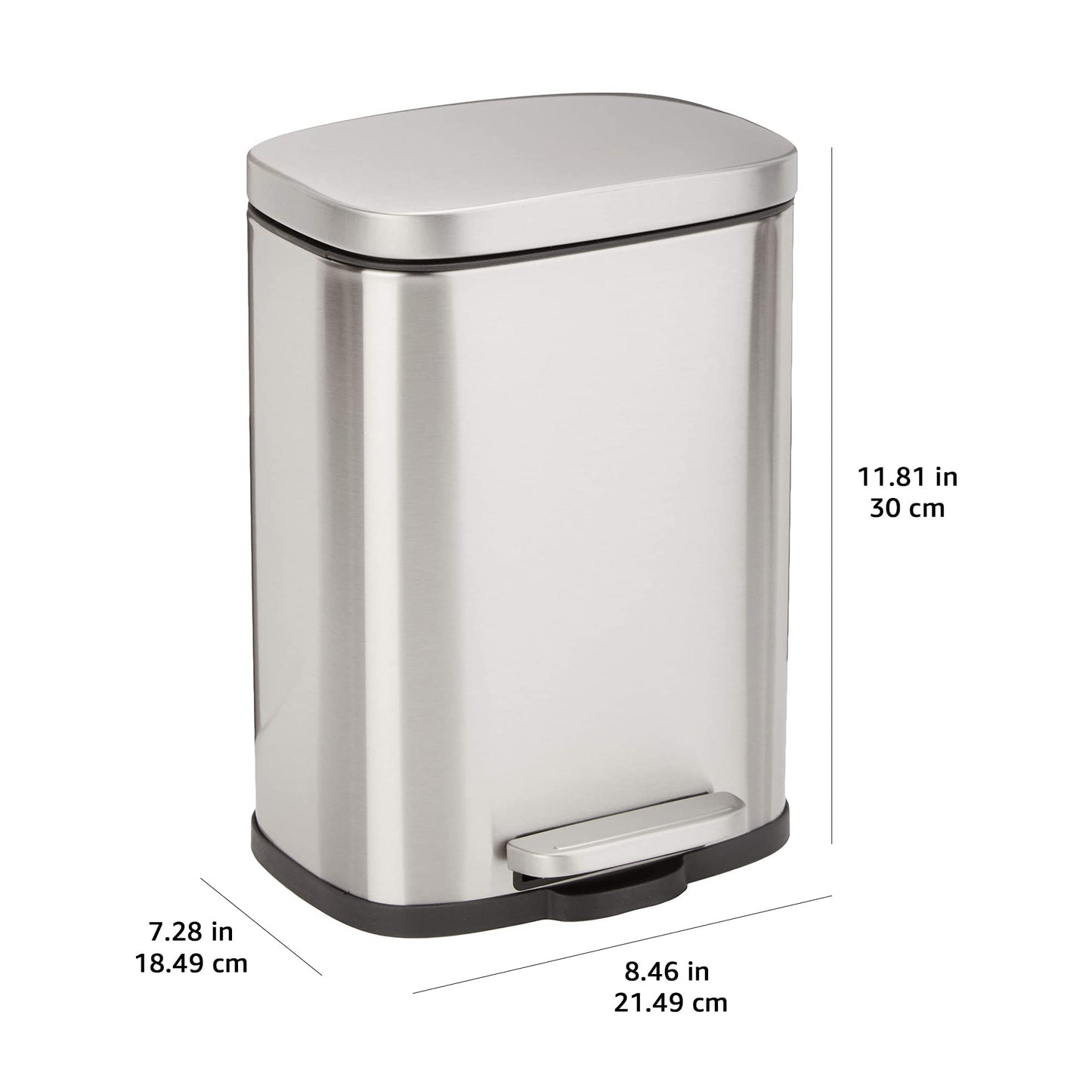 Amazon Basics Smudge Resistant Rectangular Trash Can With Soft-Close Foot Pedal, Brushed Stainless Steel, 50 Liter/13.2 Gallon, Satin Nickel Finish, 16.7"L x 14.7"W x 25.9"H