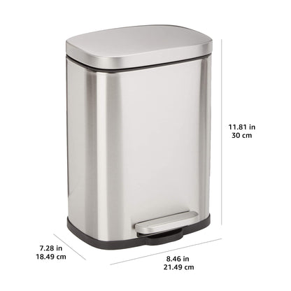 Amazon Basics Smudge Resistant Rectangular Trash Can With Soft-Close Foot Pedal, Brushed Stainless Steel, 50 Liter/13.2 Gallon, Satin Nickel Finish, 16.7"L x 14.7"W x 25.9"H