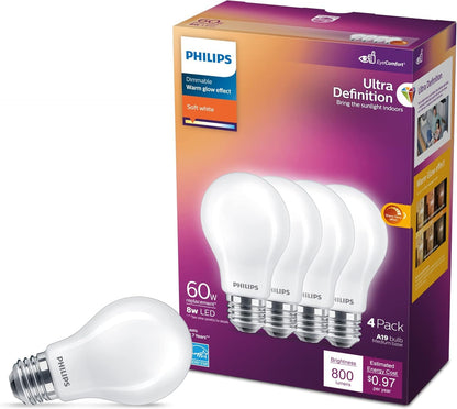 PHILIPS LED 75W A19 4-Pack Ultra Definition Daylight (5000K) 1100 Lumen (9W = 75W) Dimmable Frosted Flicker-Free Light Bulbs