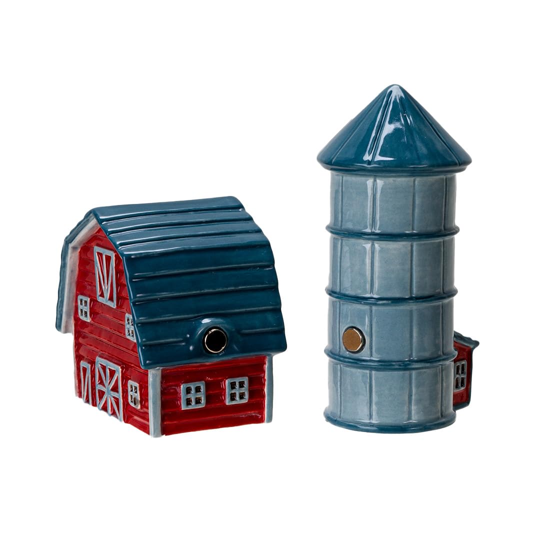 Pacific Giftware Ceramic Country Style Barn and Silo Salt and Pepper Shakers Set Farmhouse Kitchen Table Decor Rustic Red Barn Design Collectible Novelty Gift 2.2"H