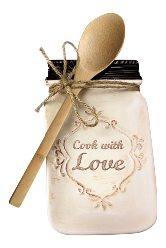 Young's Ceramic Holder with Spoon, 8", 8", Cream (15238)
