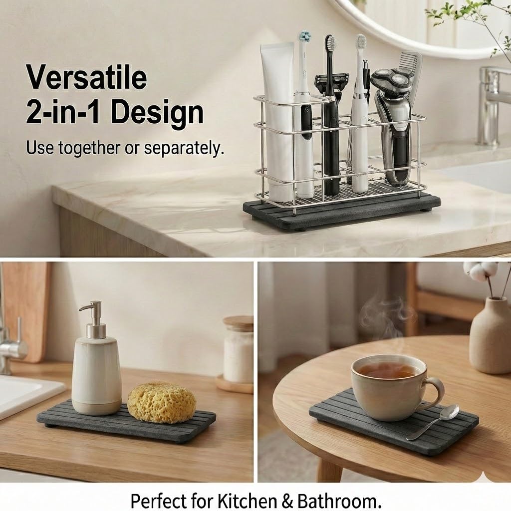 Cong He Toothbrush Holder for Bathroom Countertop, Stainless Steel Electric Toothbrush Organizer with Quick-Drying Diatomite Stone Mat, Rustproof Vanity Caddy for Toothpaste and Razors, Grey