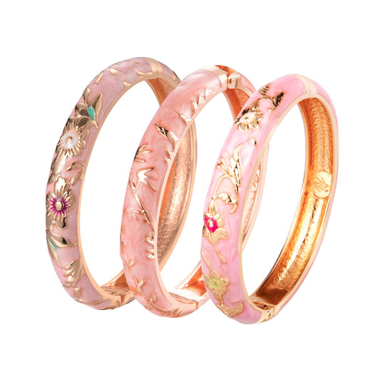 UJOY Vintage Cloisonne Bracelet Beautiful Flower Enamel Hinge Gold Plated Rose Bangles Jewelry for Women's Gifts 55A 3pcs Pink