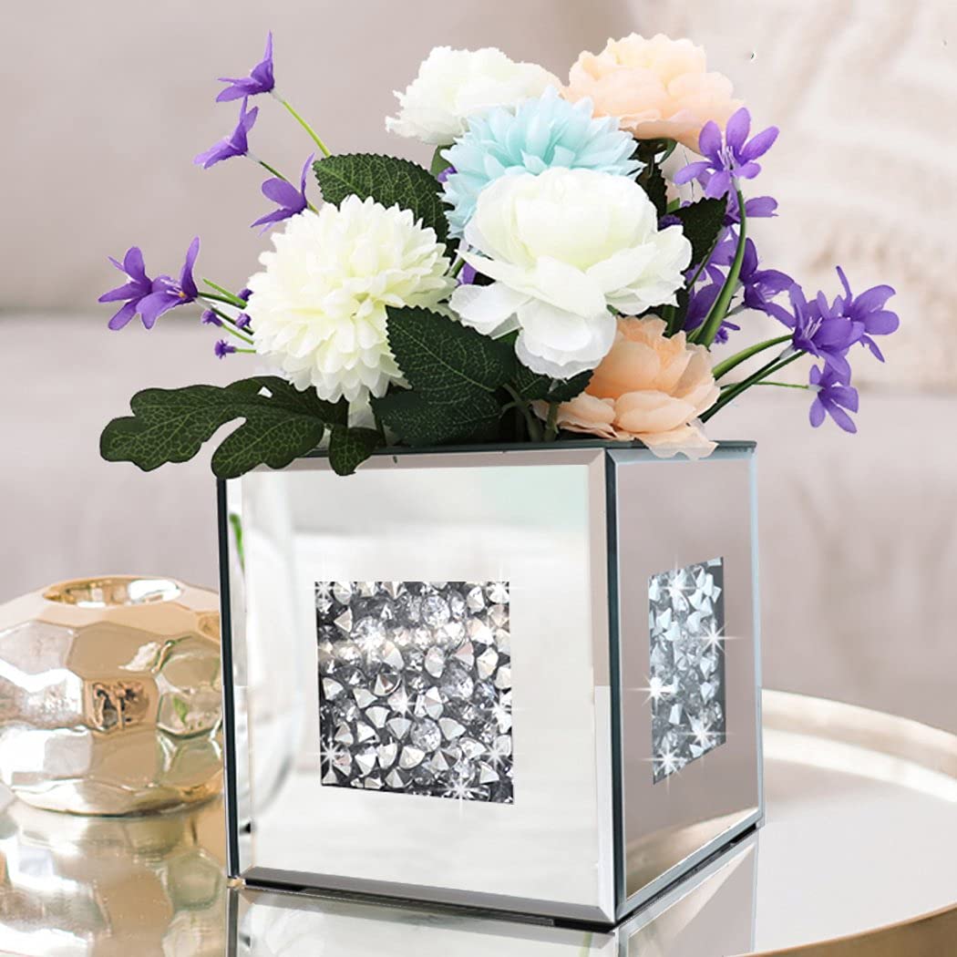 Crushed Diamond Mirrored Vase 6x6x6inch Crystal Silver Glass Stunning Decorative Vase Flower Luxury for Home Decor. Can’t Hold Water.