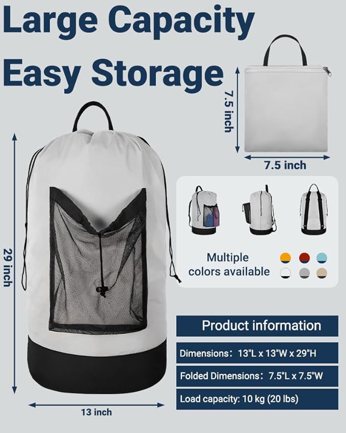 Laundry Bag with Shoulder Straps and Mesh Pocket Laundry Backpack Large
