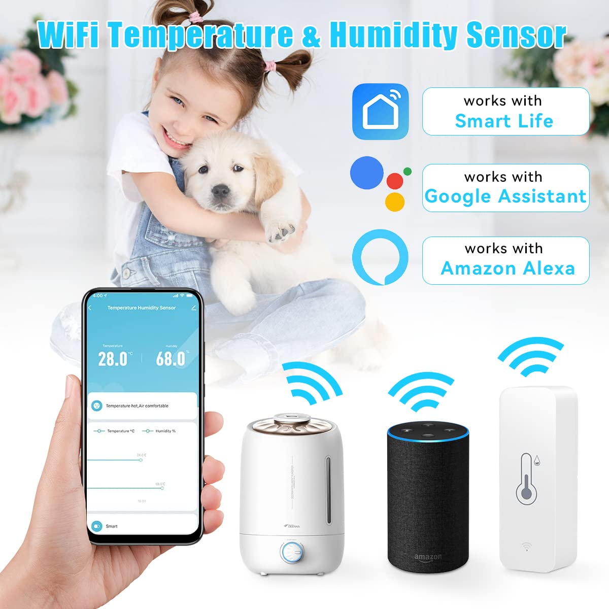 WiFi Humidity Temperature Monitor, Smart Life Thermometer Hygrometer Sensor with Remote Monitor and Notification Alert, High Precision Alexa Room Thermometer Indoor for Baby, Pet, Garden, Office