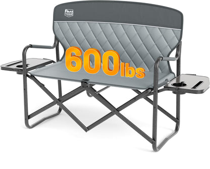 Timber Ridge Double Camping Chair Portable Loveseat, Heavy Duty Folding Camp Couch 2 Person Director Chairs with Cup Holder for Outdoor Lawn Tailgates Picnic Sports Soccer Games Supports 600 lbs Grey