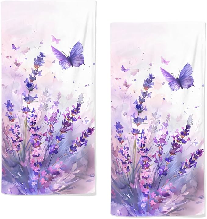 Lavender Hand Towels Set of 2 Lightweight Breathable Purple Floral Bath Towels