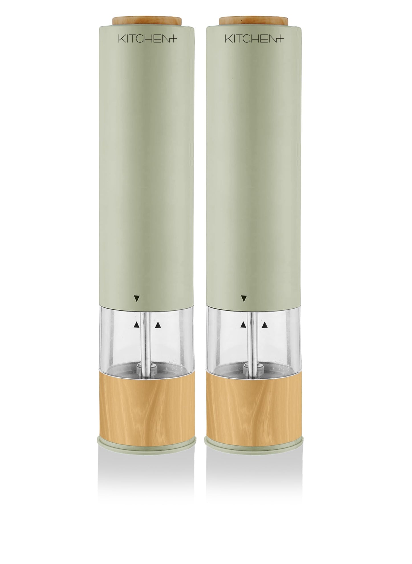 Living+ Electric Salt and Pepper Grinder Set – Automatic Battery Salt & Pepper Mills with Adjustable Grind, Built-In Light, Sleek Matte + Wood Trim Design, Easy Refill, Durable Ceramic Spice Grinder