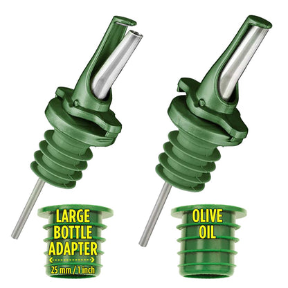 AIRTIGHT Olive Oil Pour Spout for Olive Oil Dispenser - UK Patented Oil Pourer - Hygienic One Handed Open Close Mechanism Keeps Oil Fresh. Dust Caps Cover | Screens Alternative - Green 2 PCs