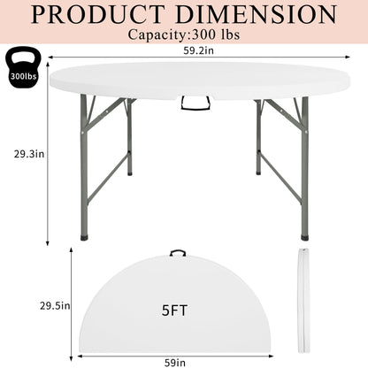 JALANCY 5 FT Round Folding Tables with Carrying Handle 60 inch Heavy Duty Portable Plastic Commercial Table Steel Legs for Party, Dining, Wedding, Events, Picnic Indoor, Outdoor (White,1 Pack)