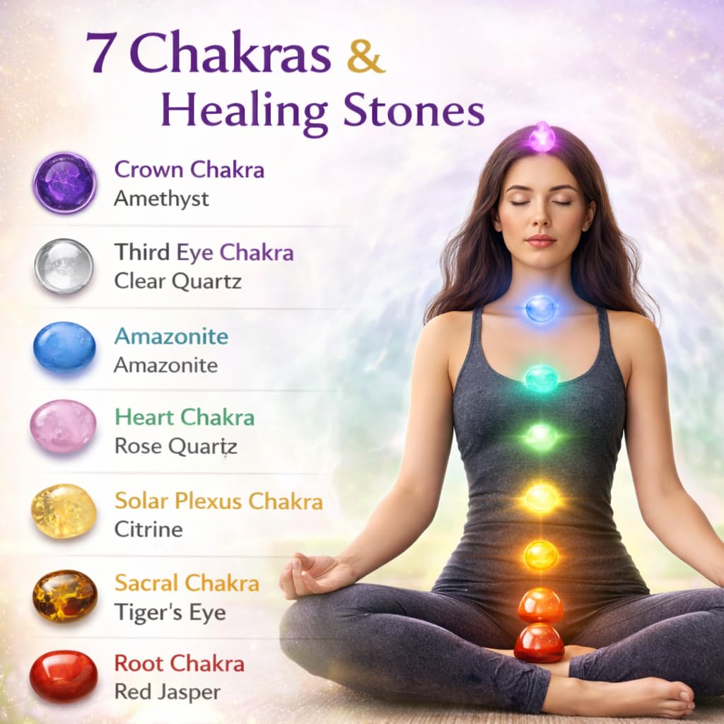 7 Chakra Crystal Stones Set – Healing Tumbled Gemstones for Meditation, Reiki & Chakra Balancing – Amethyst, Rose Quartz, Citrine, Clear Quartz, Tiger Eye, Green Aventurine & Red Jasper