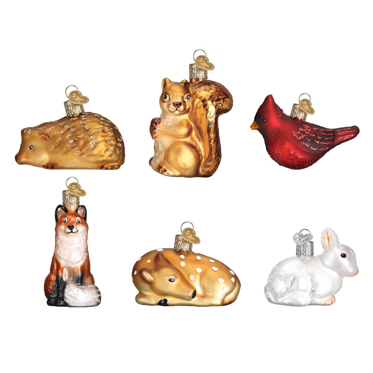 Old World Christmas Mini Woodland Animal Glass Blown Ornament for Christmas Tree, Handcrafted Holiday Decoration, Set Collection (6-Piece)
