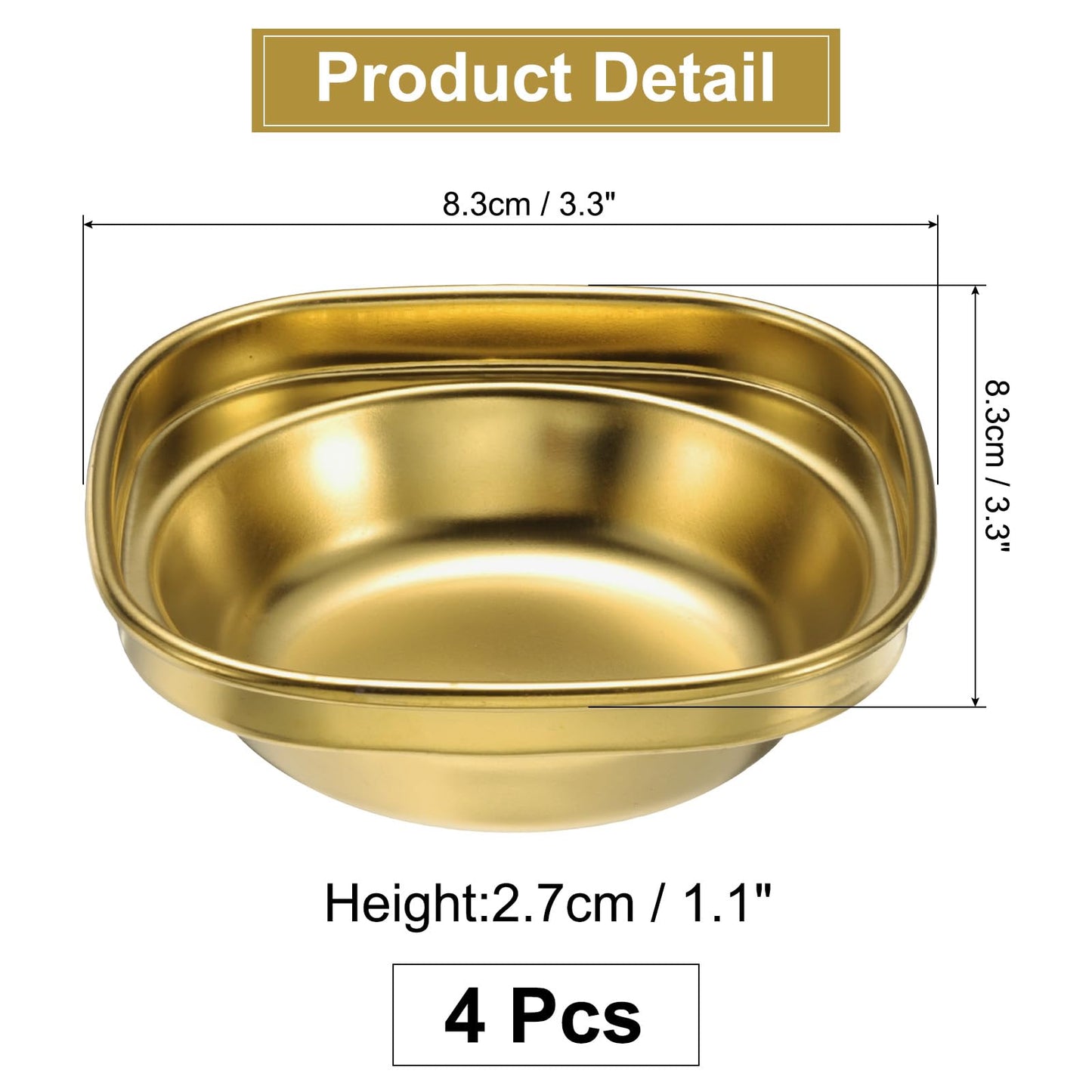 uxcell 4 Pack Stainless Steel Dish Dipping Bowls with 1 Round Compartment Divided, Metal Seasoning Plate Dipping Bowl for Condiment Home Party Restaurant Picnic Travel, Gold