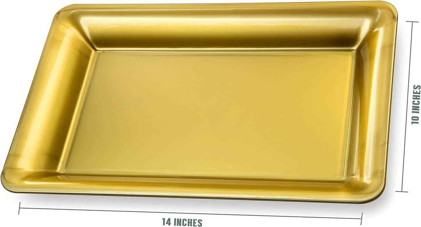 Yumchikel Plastic Serving Tray Set, Hard Plastic Serving Platters for Serving Food, Gold Serving Trays for Parties, Weddings, Food Trays for Party Buffet, Dessert Tables, 10" x 14", 6 Pack
