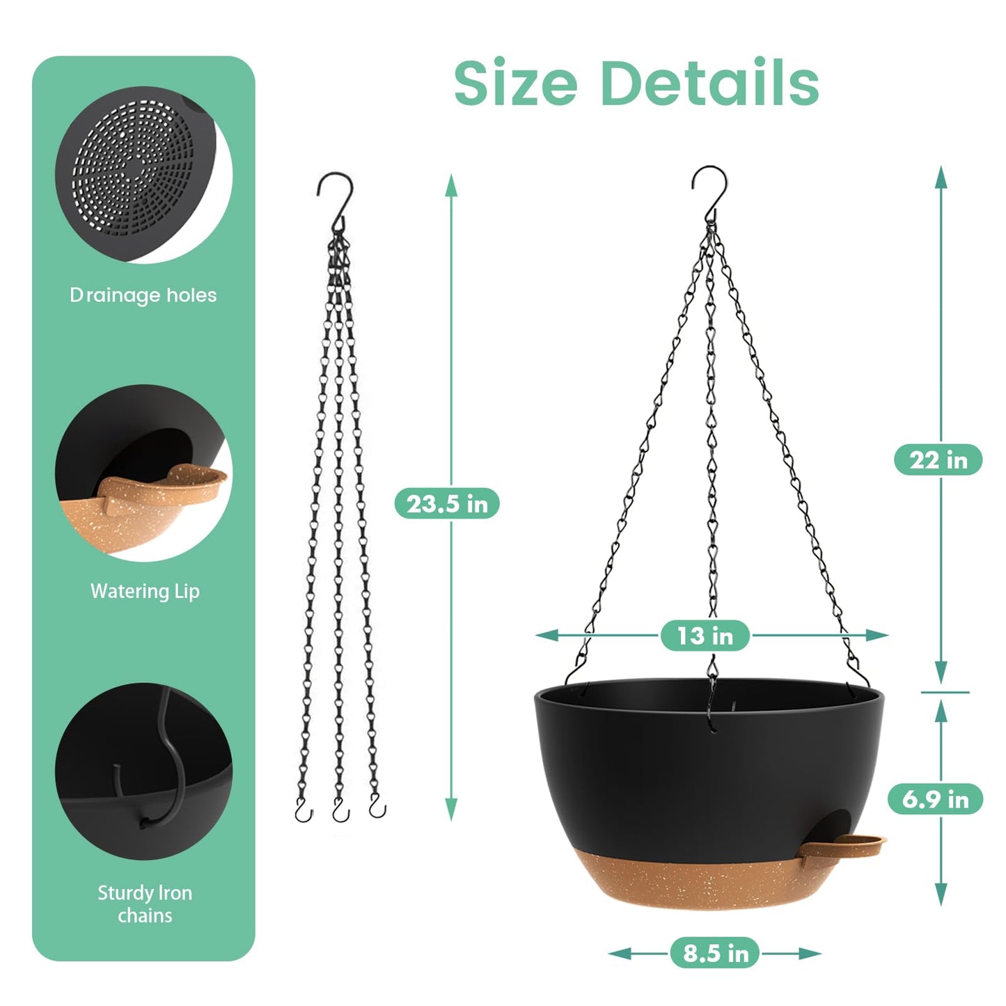 UOUZ 13 Inch 2 Pack Large Self Watering Hanging Planters for Indoor Outdoor Plants, Hanging Plant Pots with Removable 50 Oz Reservoir, Plastic Hanging Basket for Window Porch Garden, Black with Brown