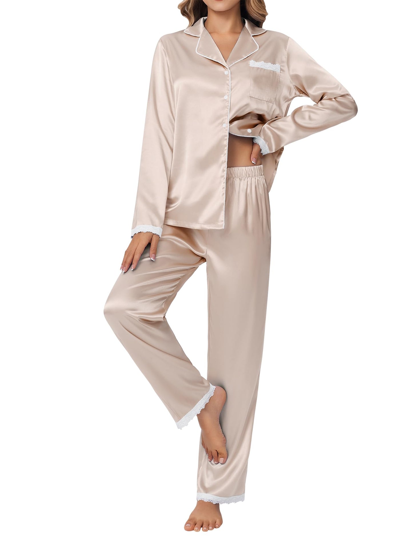 Ekouaer Satin Pajamas for Women Silk Long Sleeve Sleepwear Button Down Loungewear 2 Pieces Lace Soft Pjs Set
