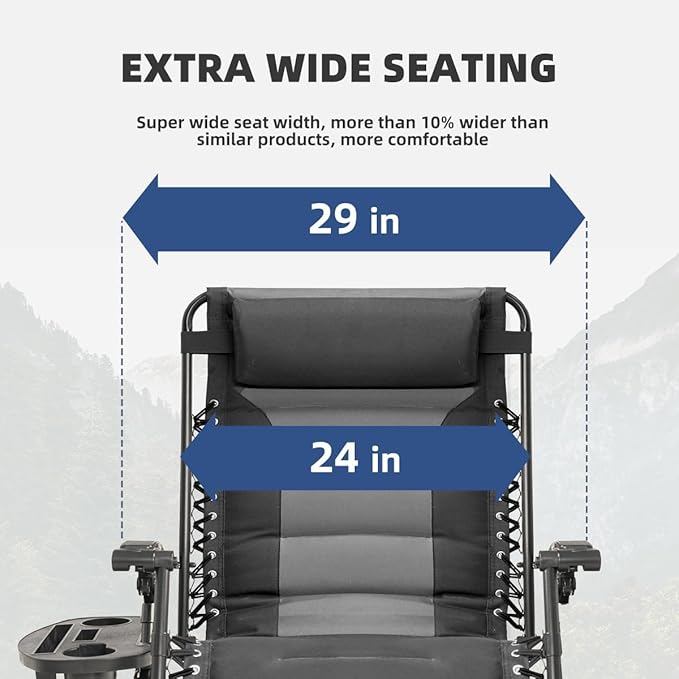 Zero Gravity Chair Set of 2 Oversized Padded Recliner with Adjustable Headrest & Cup Holder - 600D Oxford Folding Lounge Chair for Outdoor Camping, Patio, Poolside (Black & Gray)