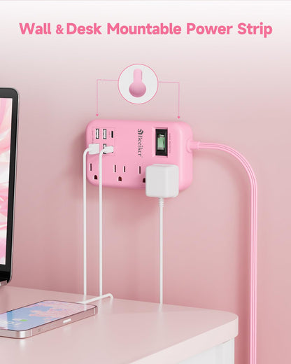 6 USB(2 USB C) Purple Travel Power Strip- 5Ft Lavender Extension Cord with 24W USB Charging Station and 4 Outlets, Purple Desk Accessories with Surge Protector for Cute Kawaii Office Dorm Room