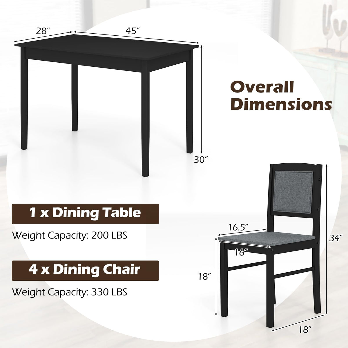 Giantex 5-Piece Dining Table Set for 4, Wooden Kitchen Table and Chairs with Solid Rubber Wood Legs, Padded Seat & Backrest, Space Saving Dinette Set for Home Dining Living Room, Breakfast Nook