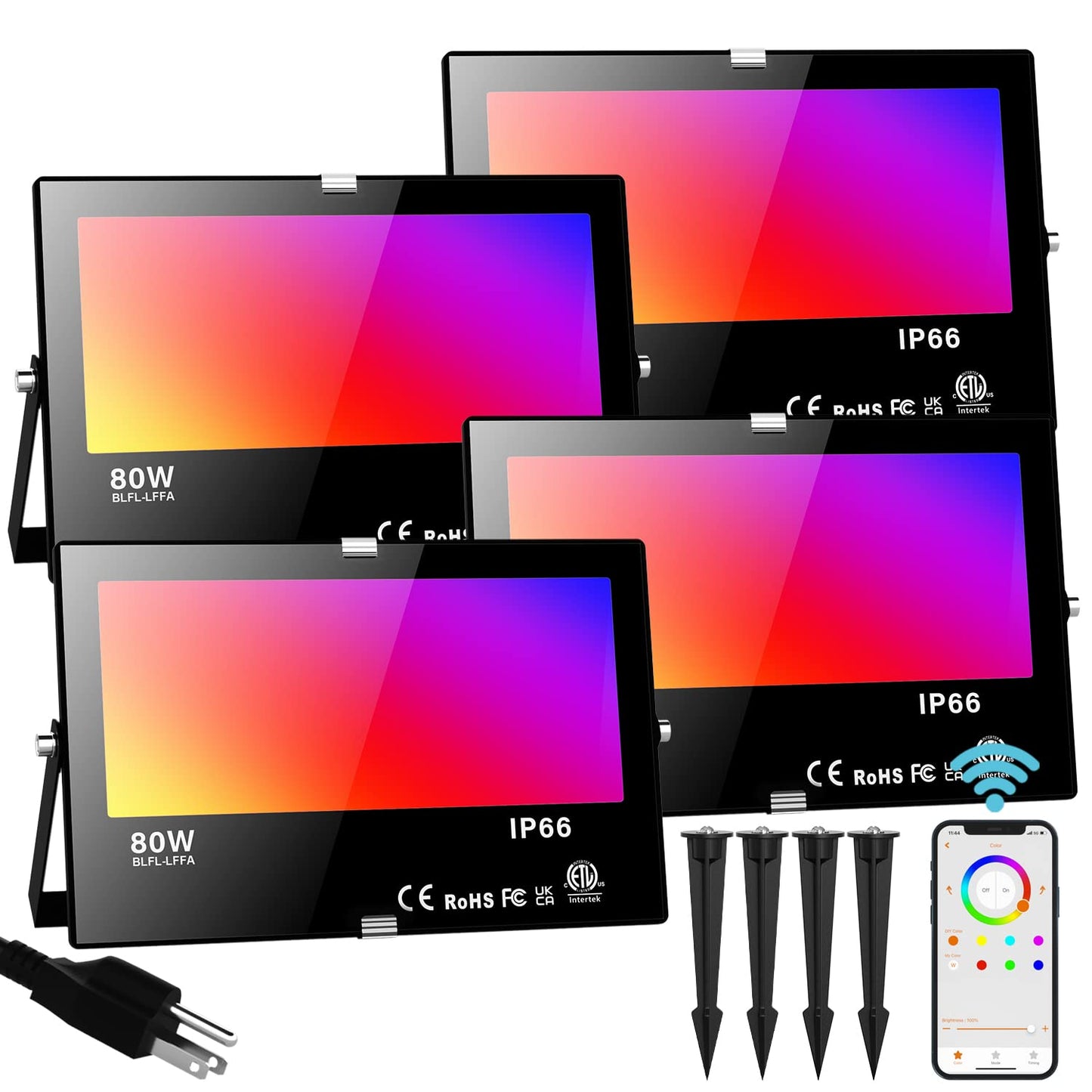 Neliwo LED Flood Light Outdoor 800W Equivalent Bluetooth Smart Color Changing RGB Spot Light DIY-Scene+RGB+2700K Warm White APP & Group Control & Timing IP66 Waterproof 4Pack