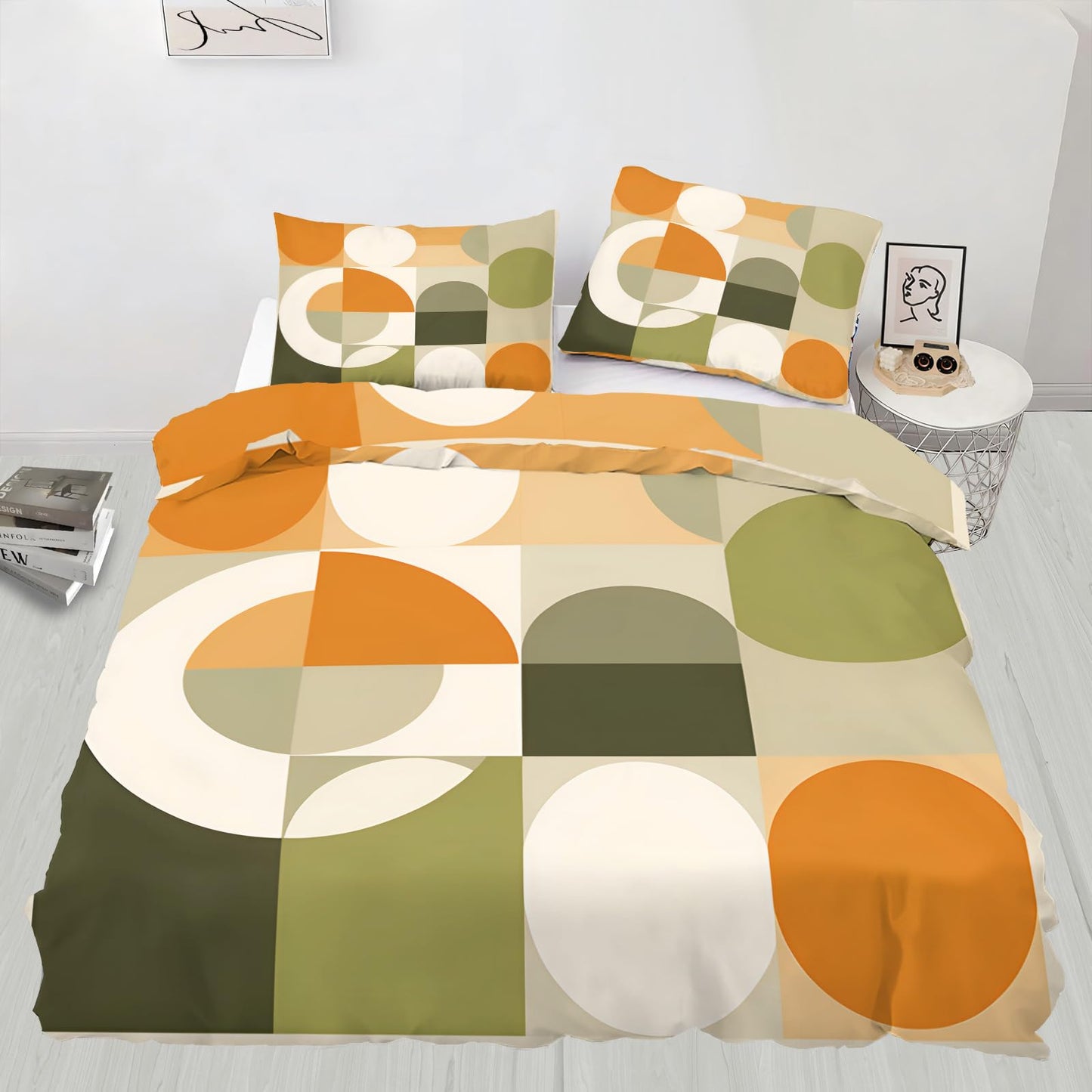 QINYUN Mid Century Modern Duvet Cover California King, Abstract Geometric Bedding Set 3 Piece Bedroom Decor Circle Medieval Comforter Cover and 2 Pillow Sham with Zipper Closure