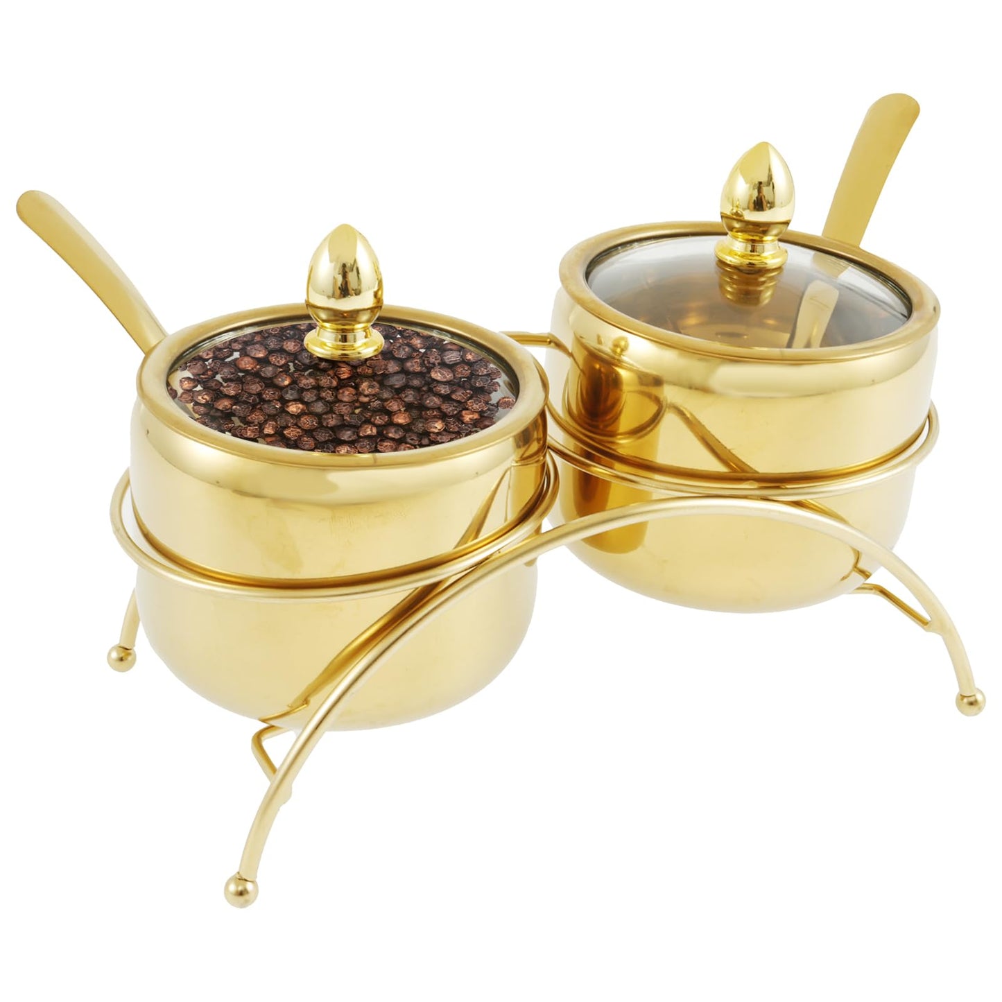 Luxury Gold Sugar Bowl Set with Spoons, 3-Piece Retro 304 Stainless Steel Seasoning Box for Coffee Bar Decor, Elegant Condiment Pots with Clear Glass Lid & Serving Tray for Salt, Candy, Cube Sugar