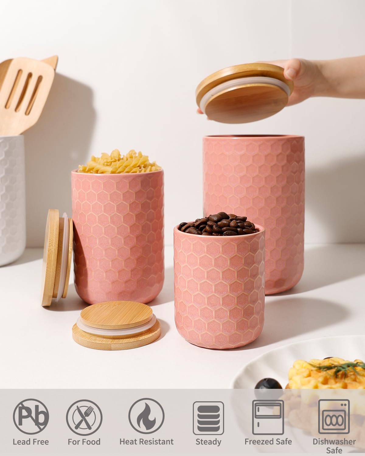 ZEBERBO Kitchen Canisters Set with Airtight Bamboo Lid, Pink Honeycomb Design, Ceramic Canister Set of 3, Sugar Flour Coffee Containers for Countertop, Food Storage Container Jars Set