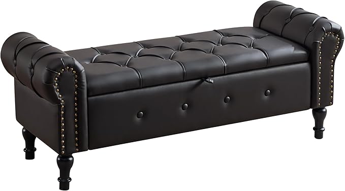 Storage Bench for Bedroom, Faux Leather 51" End of Bed Bench, Queen Size Bench